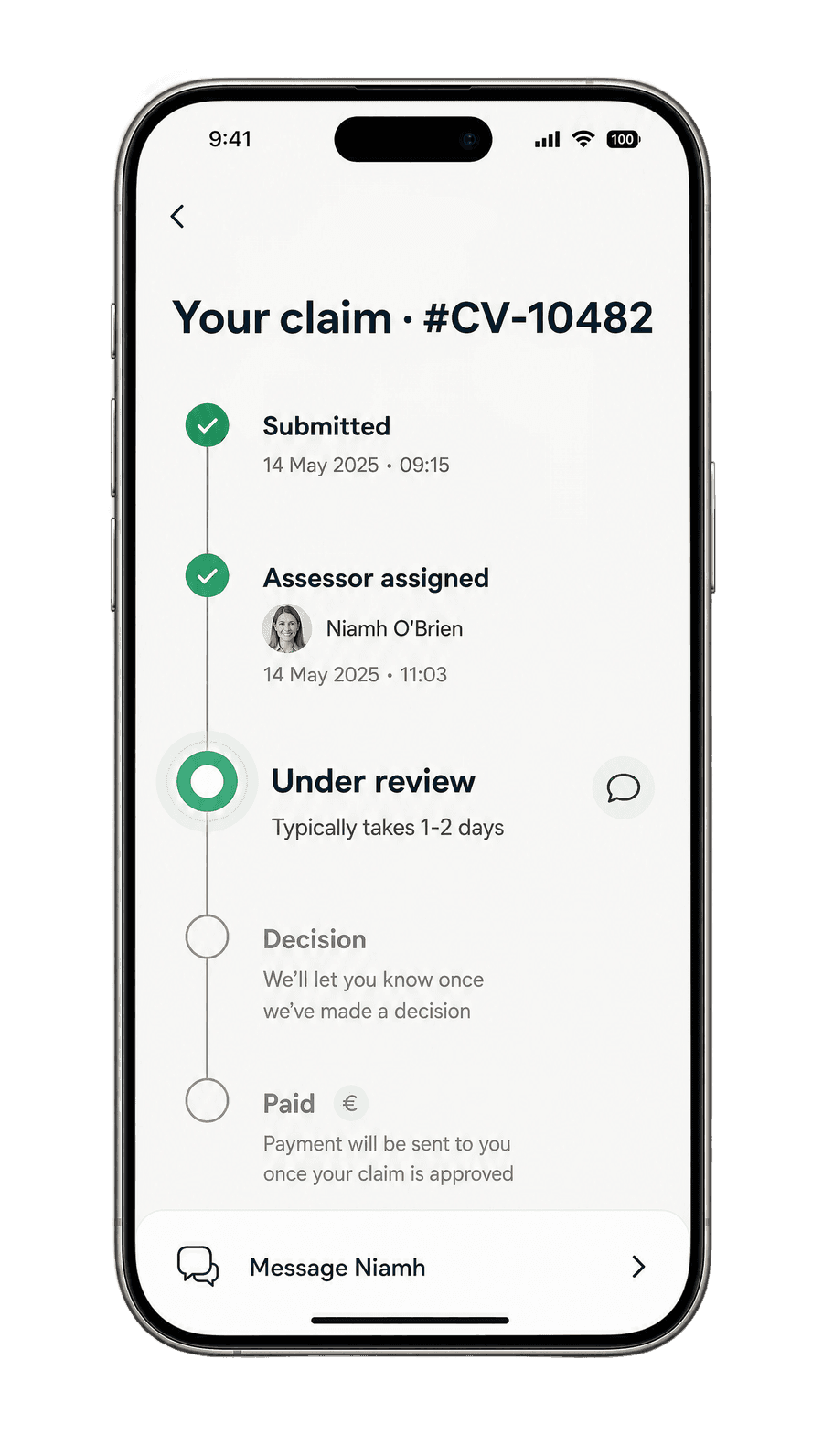 Coverly claim tracker showing a live status pipeline from submitted to paid