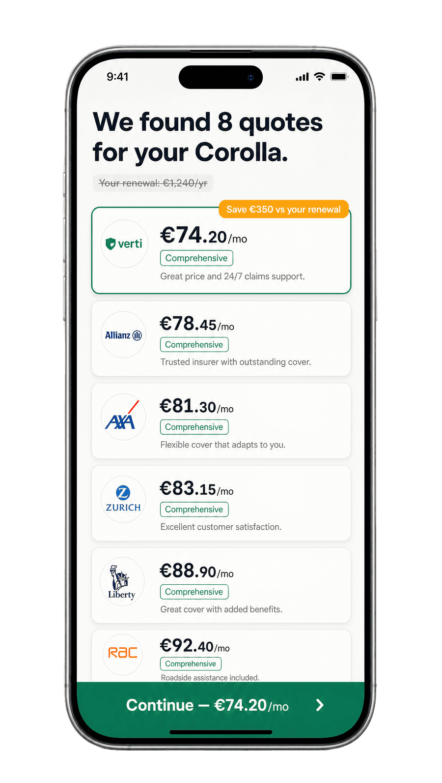 Coverly app showing live insurance quotes side by side with a Save €350 badge