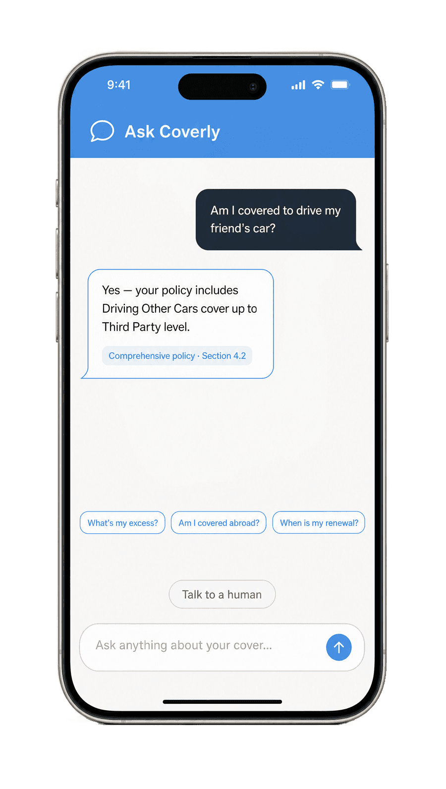 Ask Coverly AI assistant answering a question about driving another car