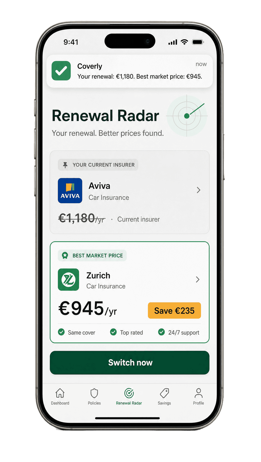 Coverly push notification showing a better renewal price with a Save €235 badge